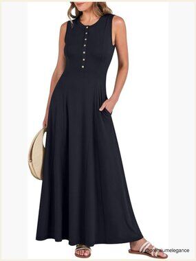 Sleeveless Maxi Sundress Button A-Line Flowy Long Dress Summer Casual
